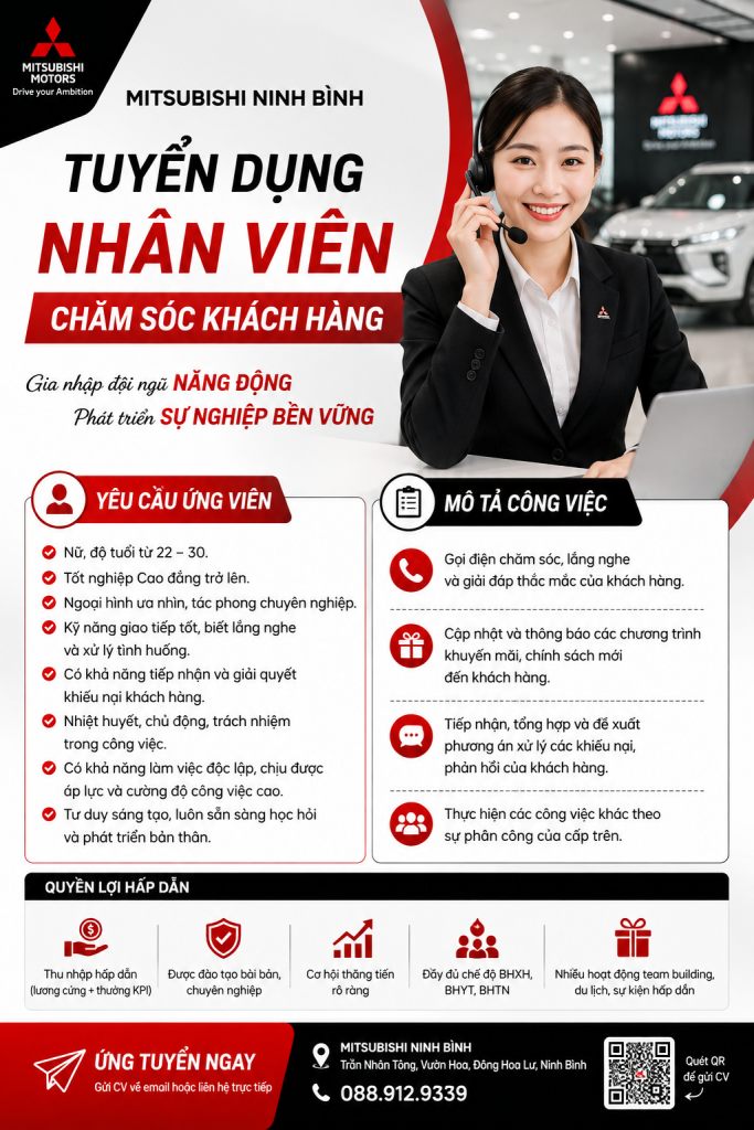 📣 MITSUBISHI NINH BÌNH TUYỂN DỤNG THÁNG 8 – NHÂN VIÊN CHĂM SÓC KHÁCH HÀNG